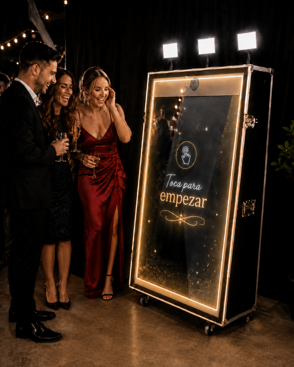 Espejo Mágico de FlashFuny con invitados en un evento elegante en Cataluña