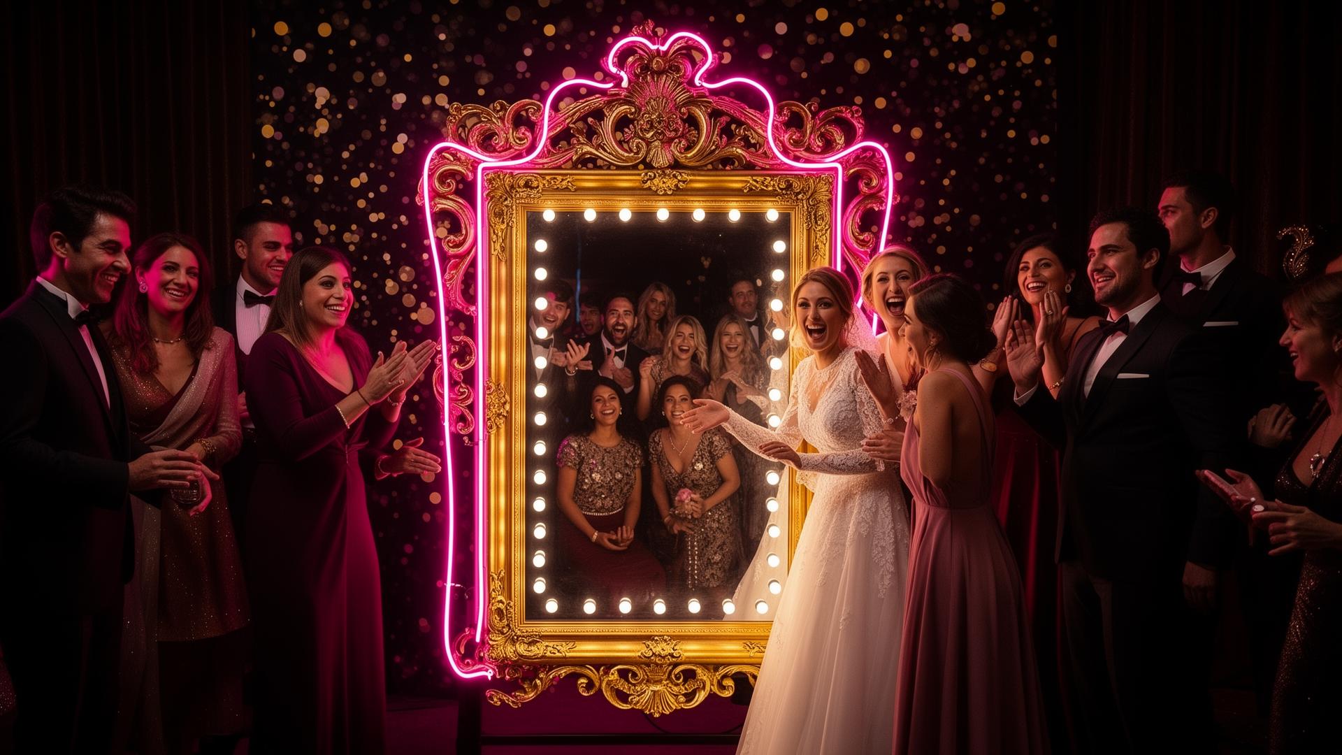 Espejo mágico dorado con invitados riendo en una boda elegante